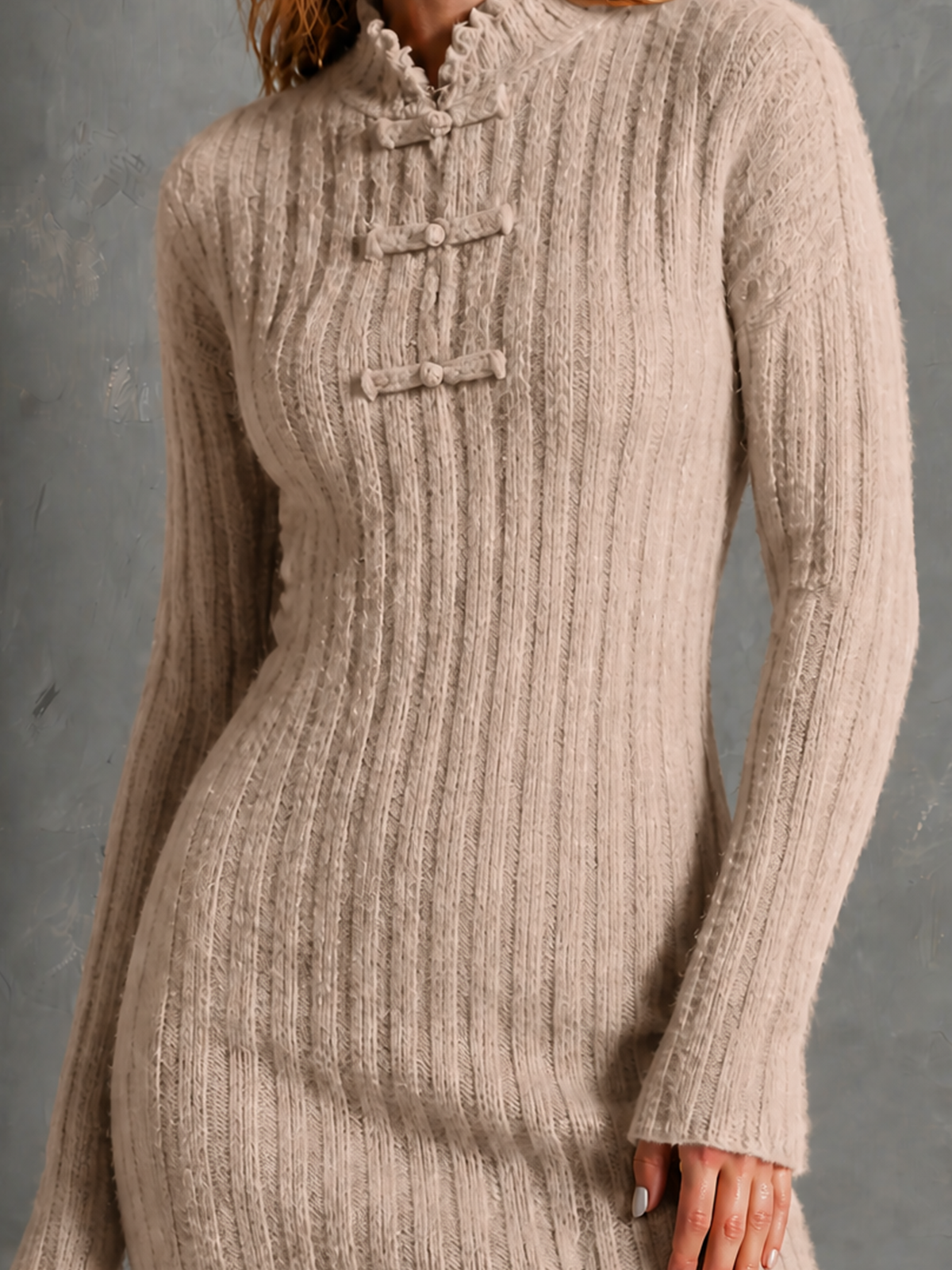 ElevenOra Chic Elegant Oat Beige Frog‑Button Mandarin Collar Ruffle Trim Long-Sleeve Slim-Fit Ribbed Knit Mini Dress