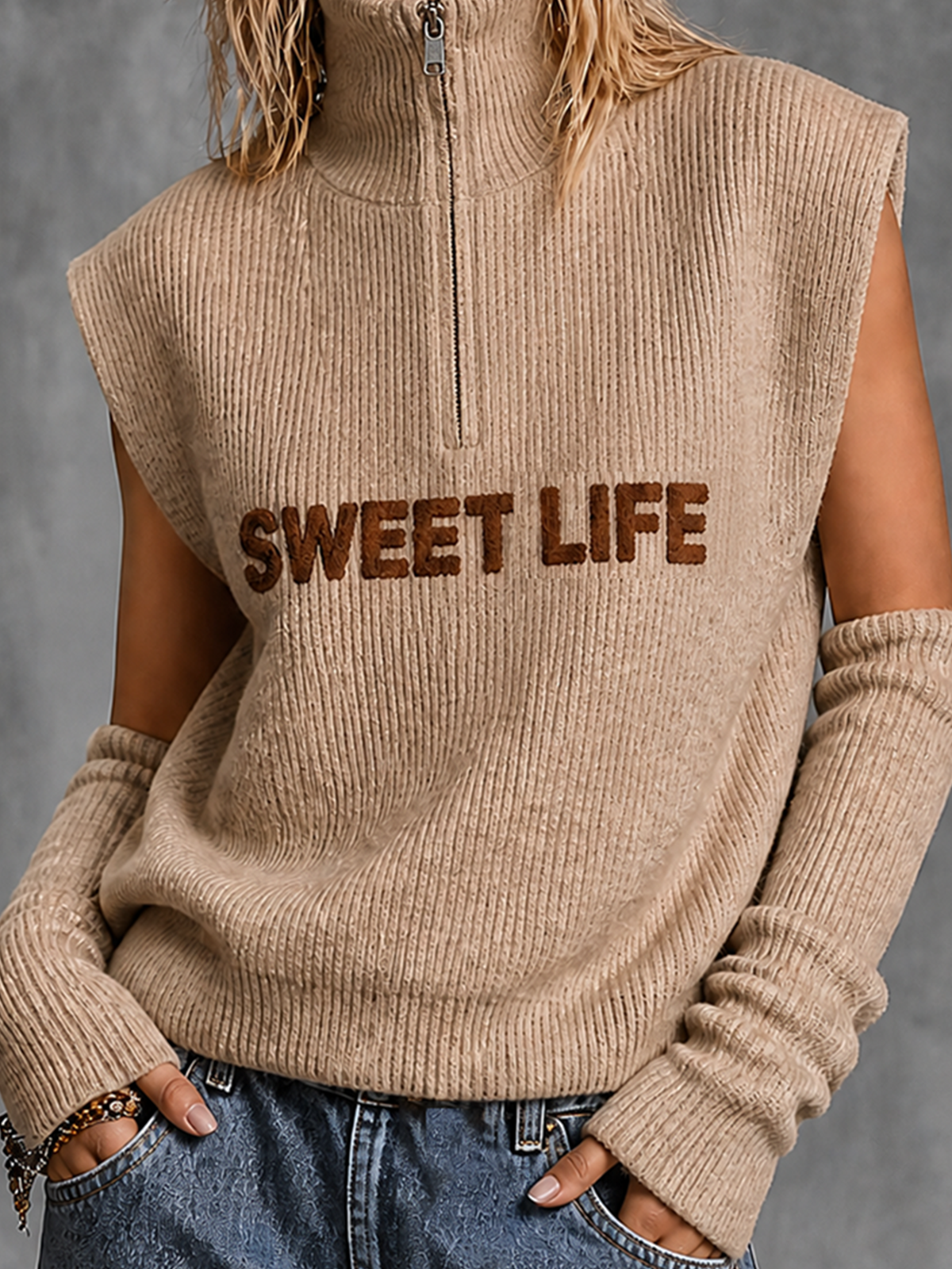ElevenOra Chic Casual Beige Half‑Zip Turtleneck Letter Jacquard Sleeveless Long Arm Warmers Loose-Fit Knit Vest Top