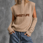 ElevenOra Chic Casual Beige Half‑Zip Turtleneck Letter Jacquard Sleeveless Long Arm Warmers Loose-Fit Knit Vest Top
