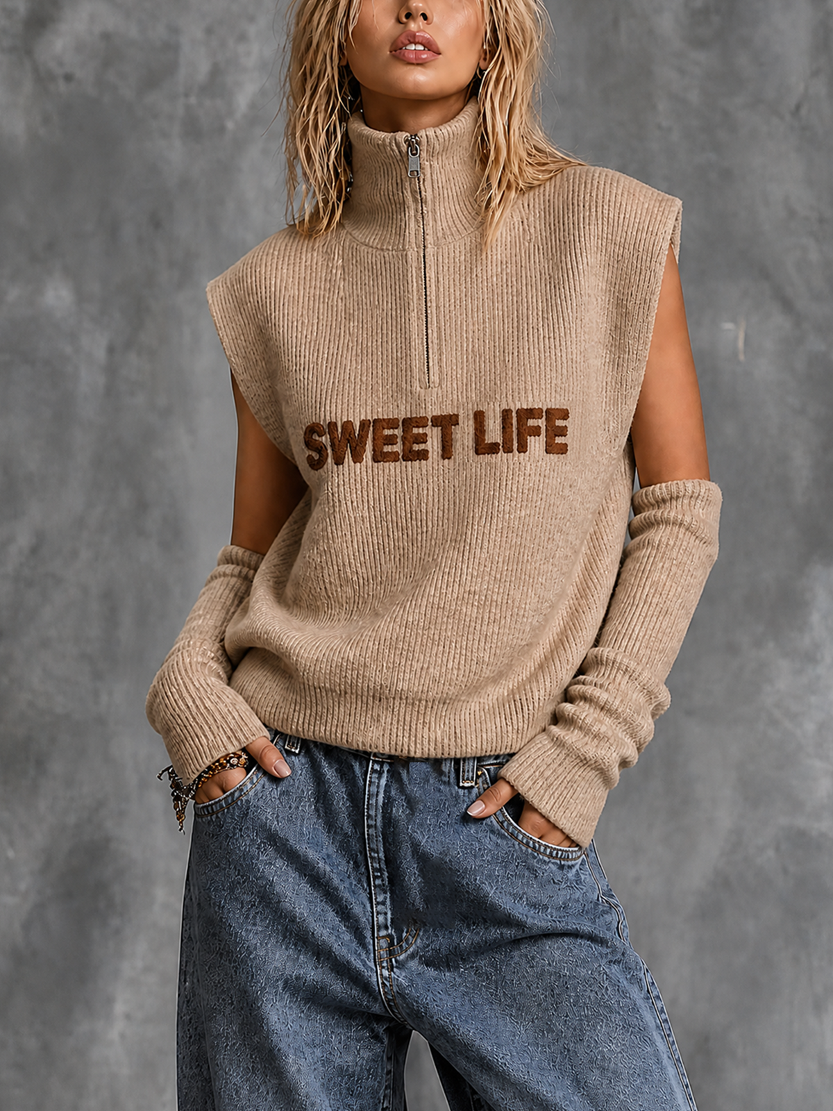 ElevenOra Chic Casual Beige Half‑Zip Turtleneck Letter Jacquard Sleeveless Long Arm Warmers Loose-Fit Knit Vest Top