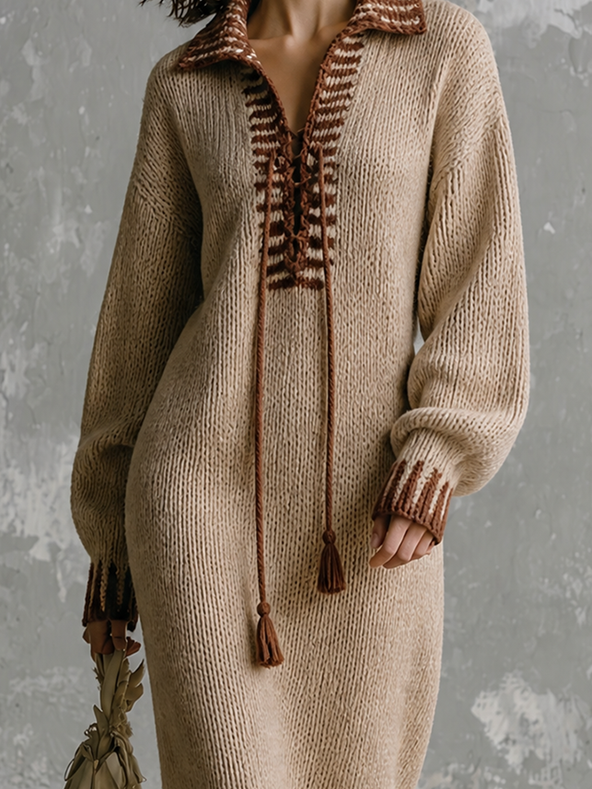 ElevenOra Chic Elegant Oat Beige Lapel Collar Lace‑Up Contrast Trim Long-Sleeve Loose-Fit Knit Midi Dress