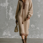 ElevenOra Chic Elegant Oat Beige Lapel Collar Lace‑Up Contrast Trim Long-Sleeve Loose-Fit Knit Midi Dress