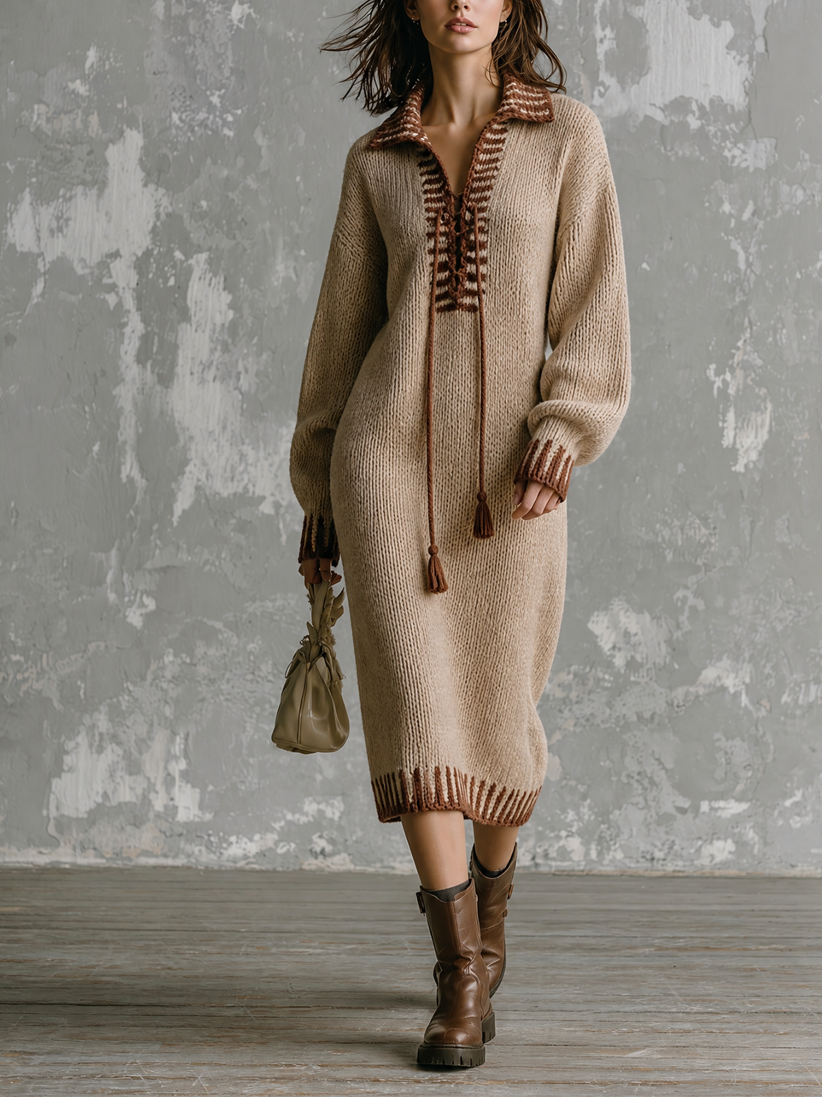 ElevenOra Chic Elegant Oat Beige Lapel Collar Lace‑Up Contrast Trim Long-Sleeve Loose-Fit Knit Midi Dress