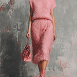 ElevenOra Chic Elegant Dusty Pink Off‑Shoulder Cap Sleeveless Loose-Fit Fuzzy Mohair Knit Midi Dress
