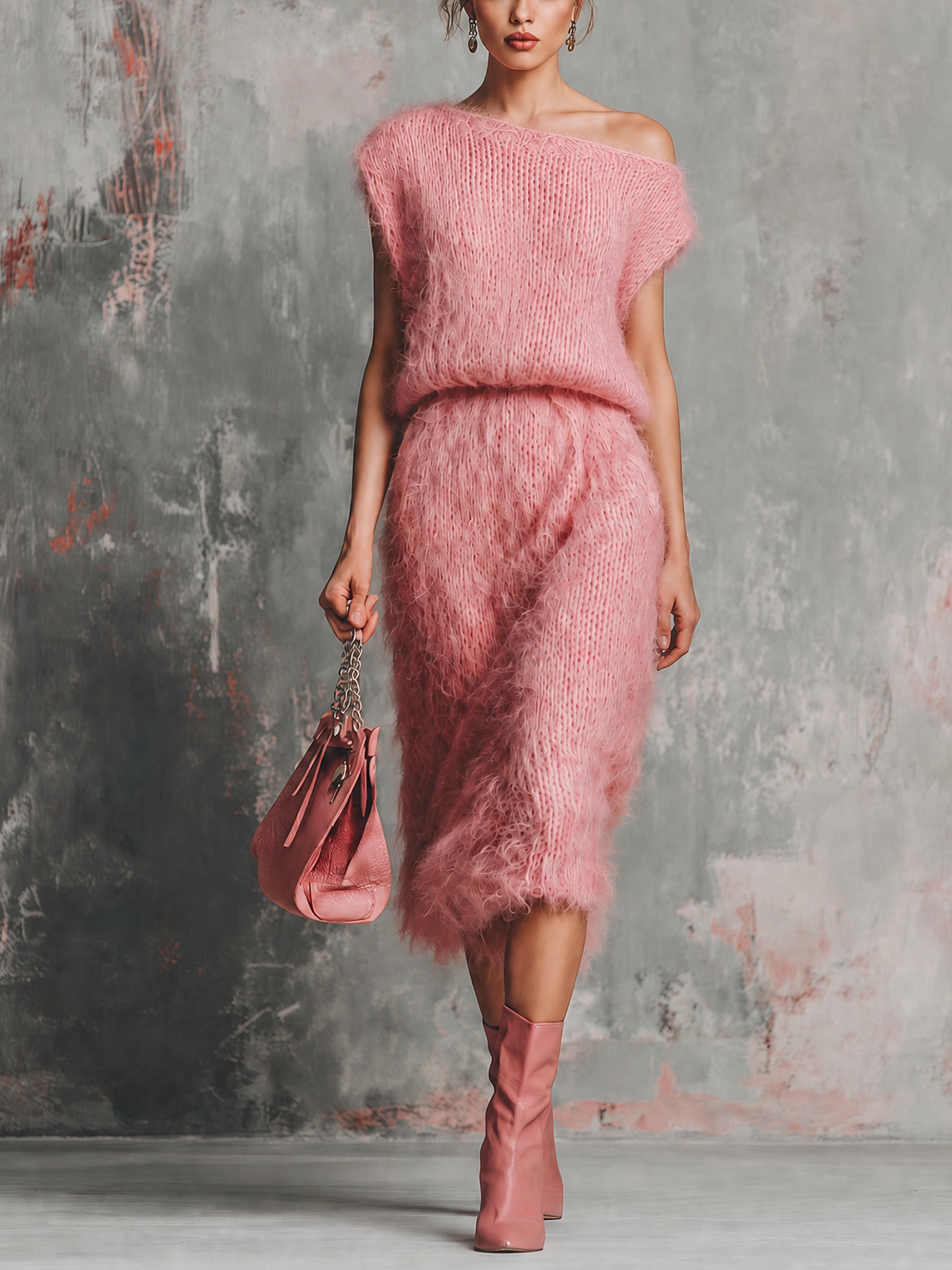 ElevenOra Chic Elegant Dusty Pink Off‑Shoulder Cap Sleeveless Loose-Fit Fuzzy Mohair Knit Midi Dress