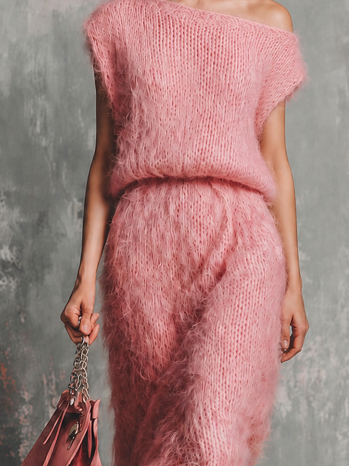 ElevenOra Chic Elegant Dusty Pink Off‑Shoulder Cap Sleeveless Loose-Fit Fuzzy Mohair Knit Midi Dress