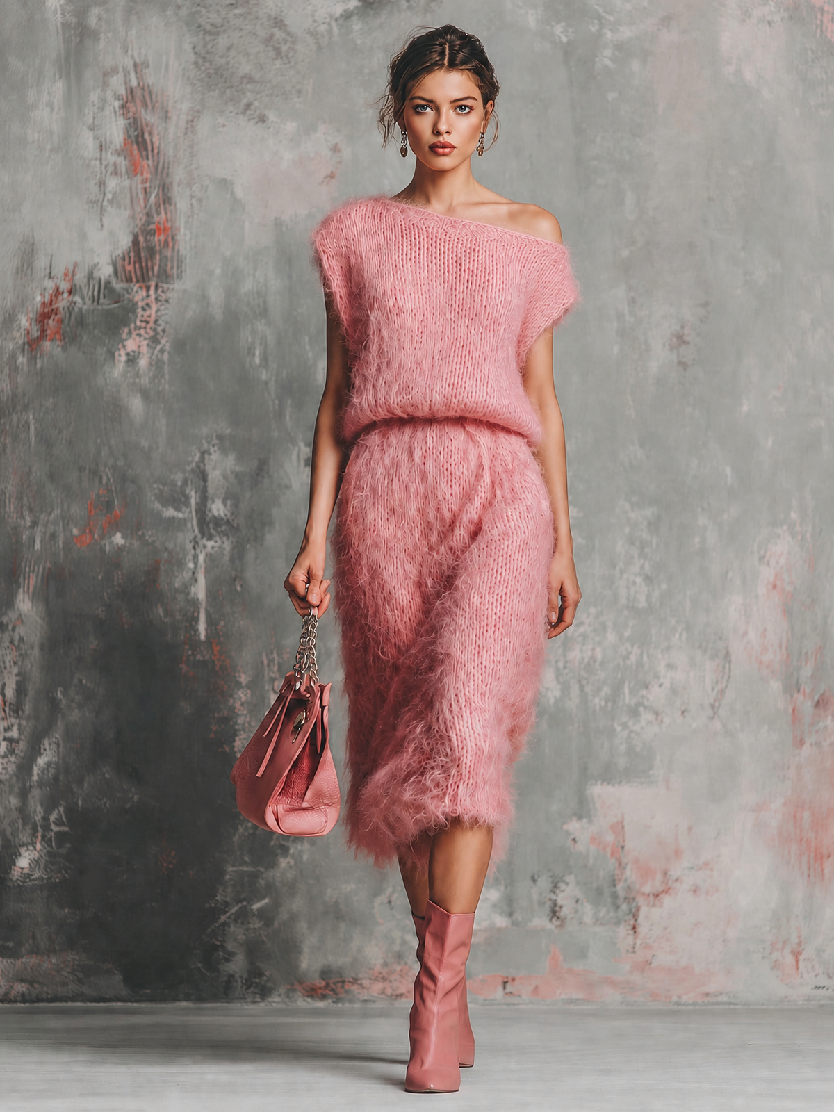 ElevenOra Chic Elegant Dusty Pink Off‑Shoulder Cap Sleeveless Loose-Fit Fuzzy Mohair Knit Midi Dress