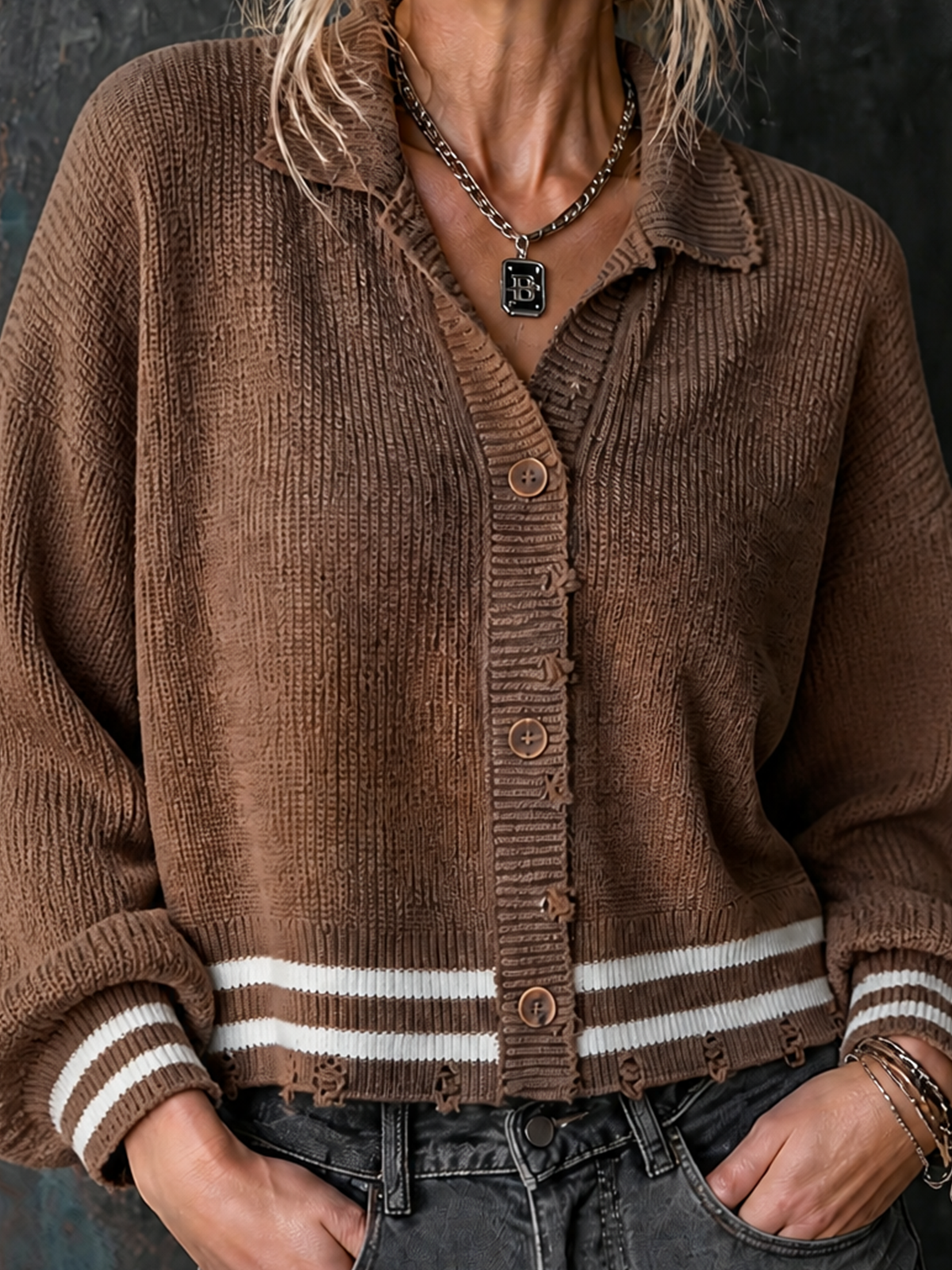 ElevenOra Chic Casual Brown Lapel Collar Single-Breasted Contrast Trim Frayed Raw Edge Long-Sleeve Loose-Fit Knit Cardigan