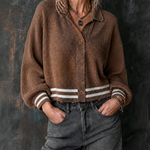 ElevenOra Chic Casual Brown Lapel Collar Single-Breasted Contrast Trim Frayed Raw Edge Long-Sleeve Loose-Fit Knit Cardigan