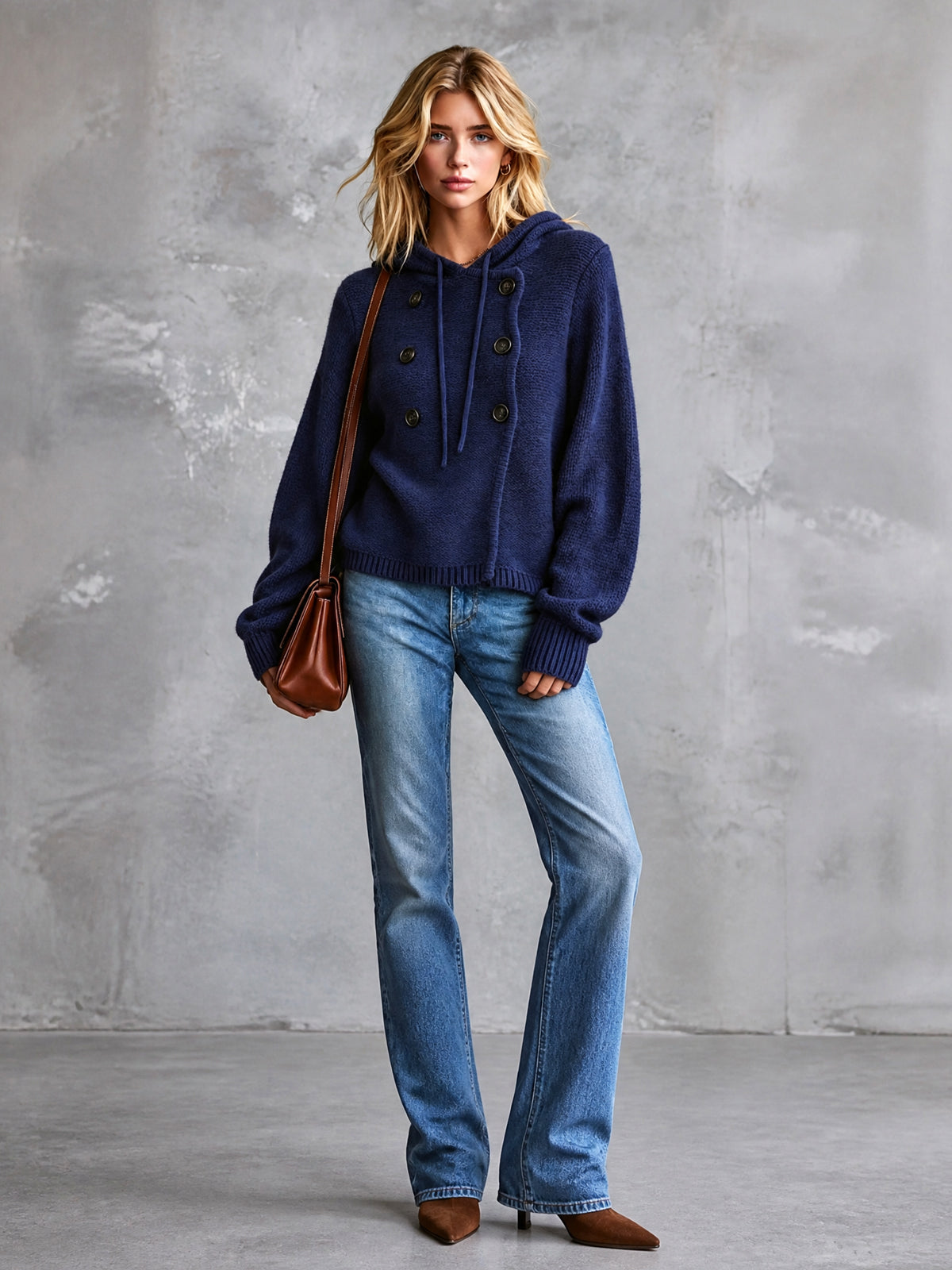 ElevenOra Chic Casual Navy Blue Hooded Collar Long-Lantern-Sleeve Button-Front Loose-Fit Cotton Knit Sweater Top
