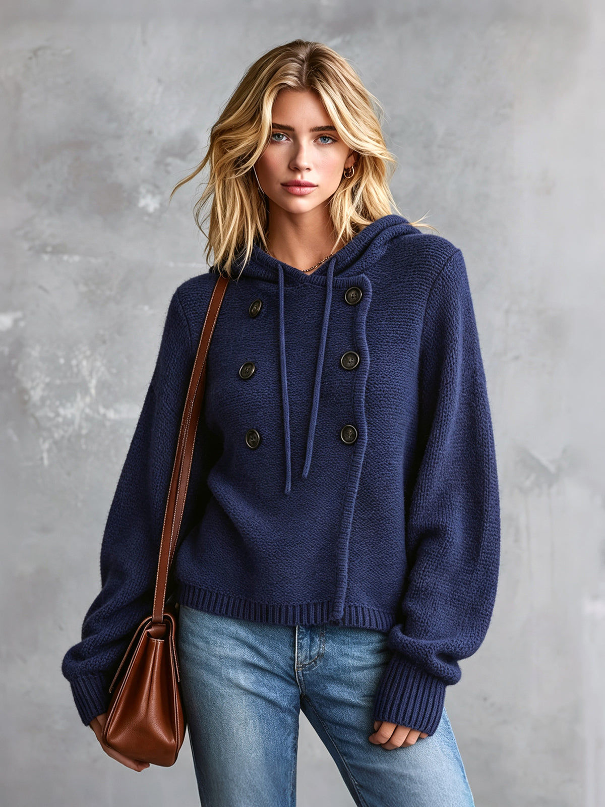 ElevenOra Chic Casual Navy Blue Hooded Collar Long-Lantern-Sleeve Button-Front Loose-Fit Cotton Knit Sweater Top