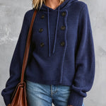 ElevenOra Chic Casual Navy Blue Hooded Collar Long-Lantern-Sleeve Button-Front Loose-Fit Cotton Knit Sweater Top