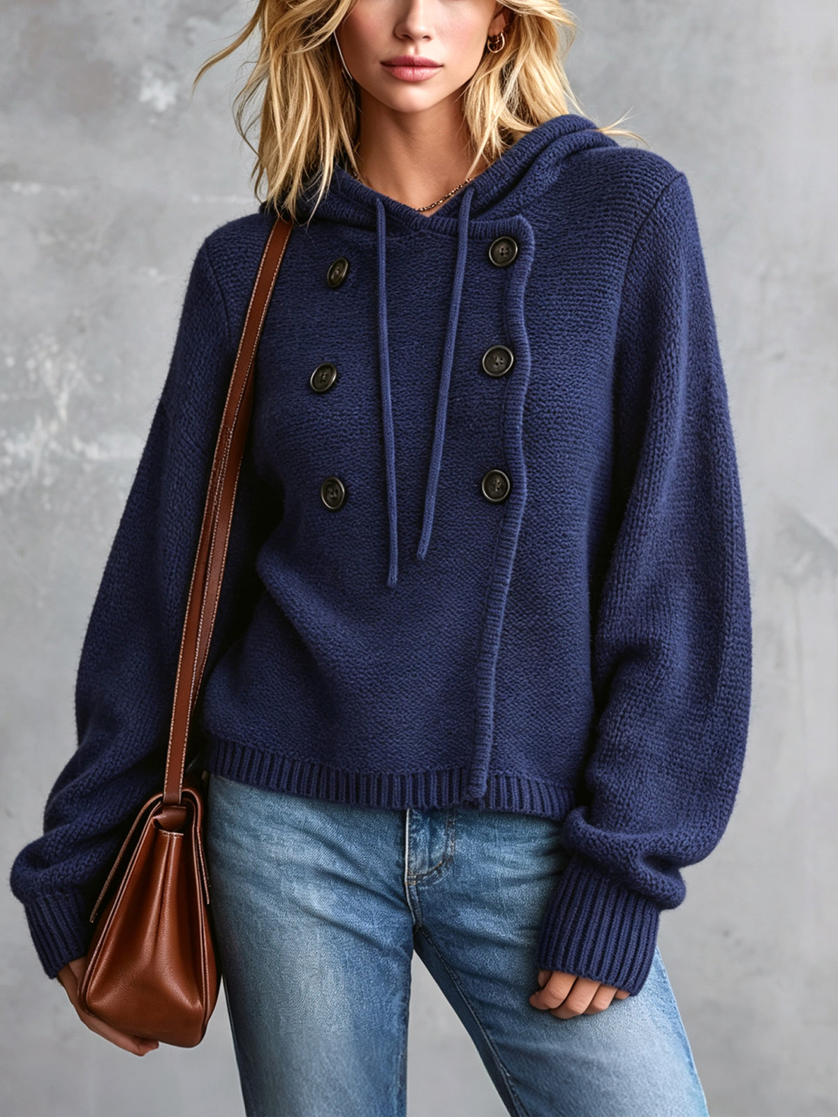 ElevenOra Chic Casual Navy Blue Hooded Collar Long-Lantern-Sleeve Button-Front Loose-Fit Cotton Knit Sweater Top