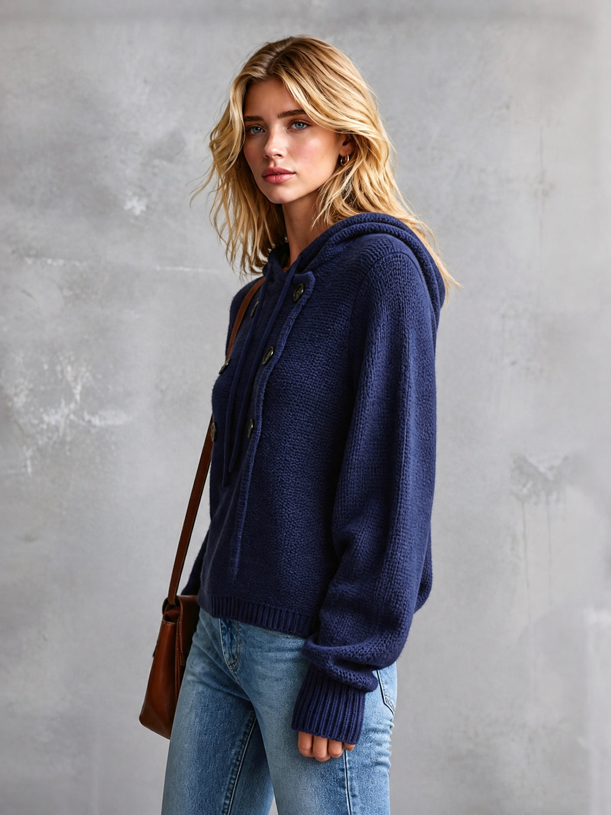 ElevenOra Chic Casual Navy Blue Hooded Collar Long-Lantern-Sleeve Button-Front Loose-Fit Cotton Knit Sweater Top