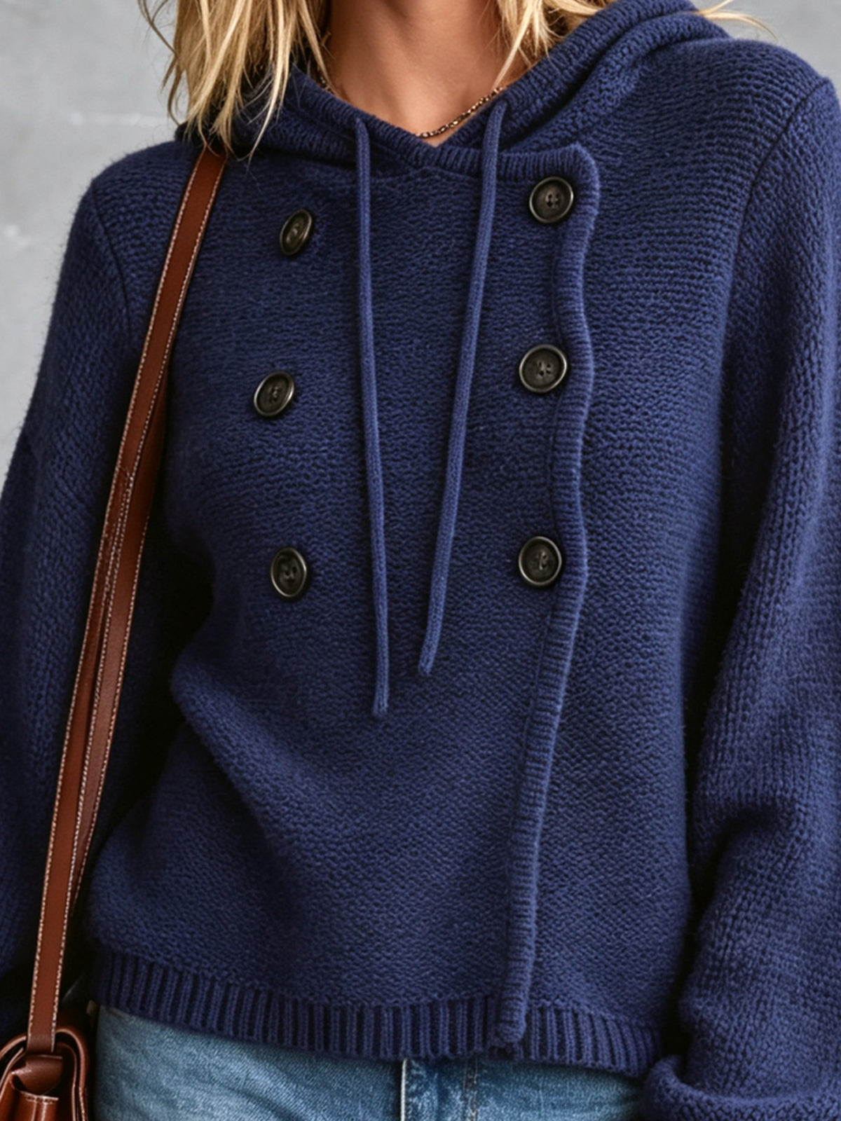 ElevenOra Chic Casual Navy Blue Hooded Collar Long-Lantern-Sleeve Button-Front Loose-Fit Cotton Knit Sweater Top