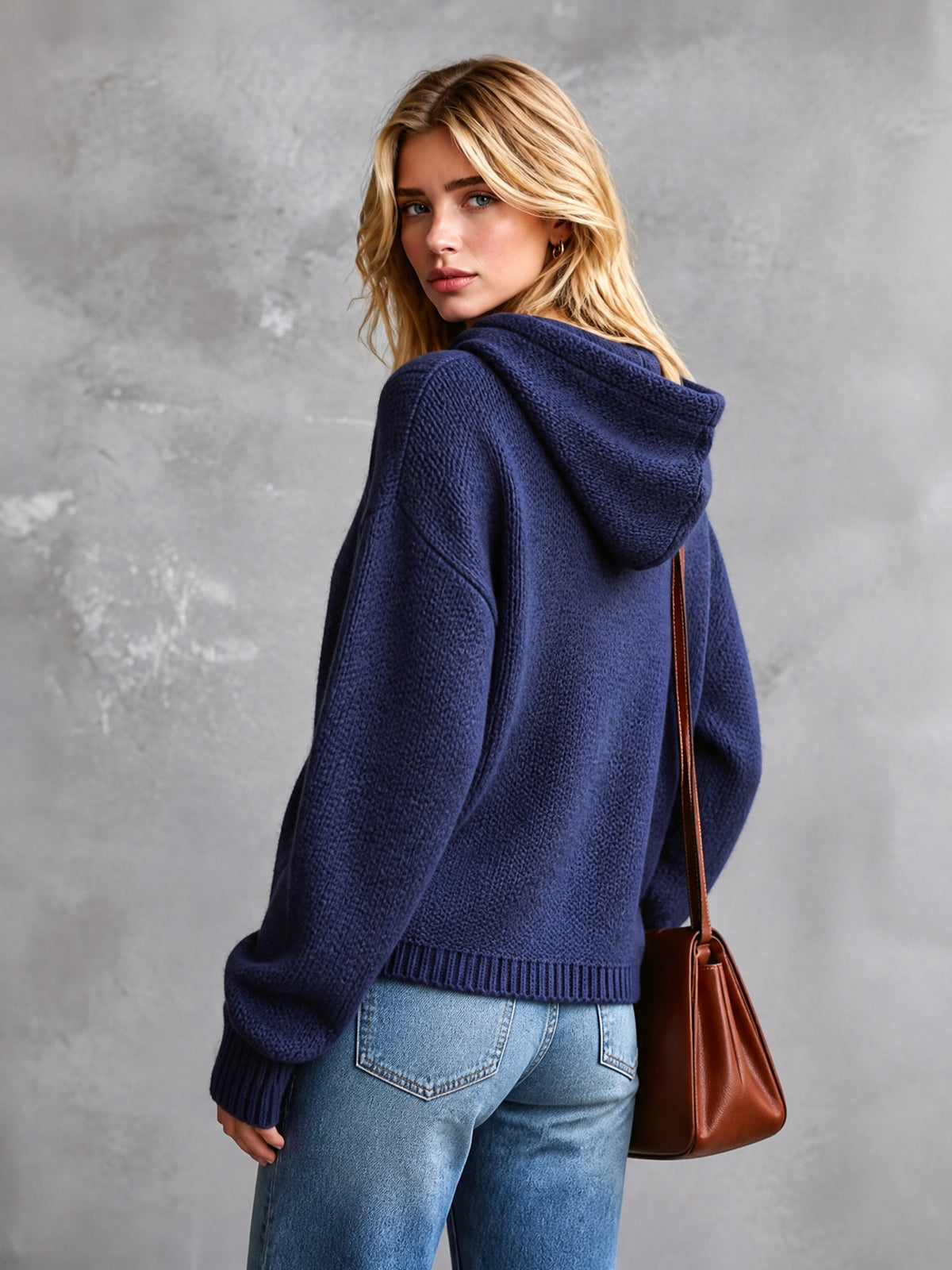 ElevenOra Chic Casual Navy Blue Hooded Collar Long-Lantern-Sleeve Button-Front Loose-Fit Cotton Knit Sweater Top