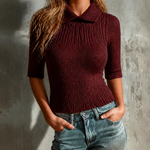 ElevenOra Chic Elegant Burgundy Turn‑Down Polo Collar Half‑Sleeve Slim-Fit Knit Sweater Top