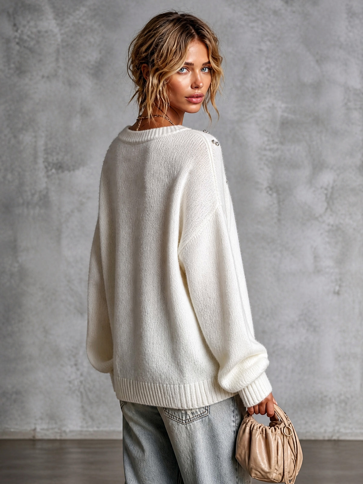 ElevenOra Chic Elegant Cream White Round-Collar Dropped-Shoulder Long-Sleeve Beading Detail Loose-Fit Knit Sweater