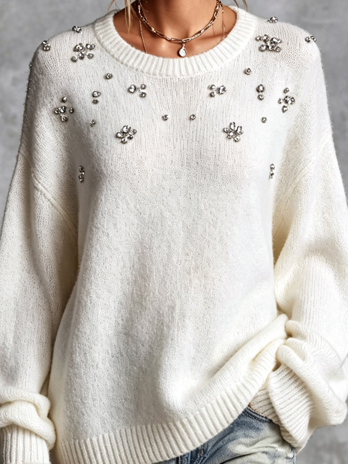 ElevenOra Chic Elegant Cream White Round-Collar Dropped-Shoulder Long-Sleeve Beading Detail Loose-Fit Knit Sweater