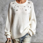 ElevenOra Chic Elegant Cream White Round-Collar Dropped-Shoulder Long-Sleeve Beading Detail Loose-Fit Knit Sweater