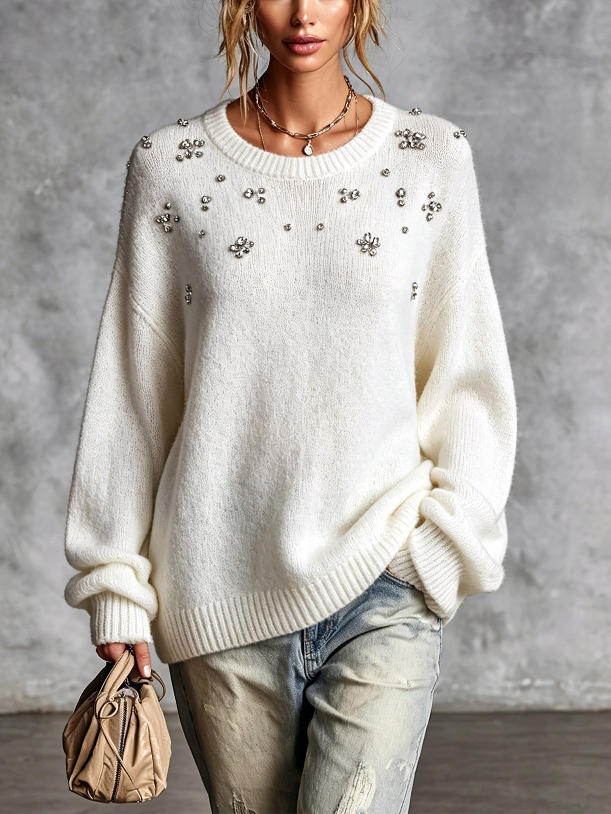 ElevenOra Chic Elegant Cream White Round-Collar Dropped-Shoulder Long-Sleeve Beading Detail Loose-Fit Knit Sweater