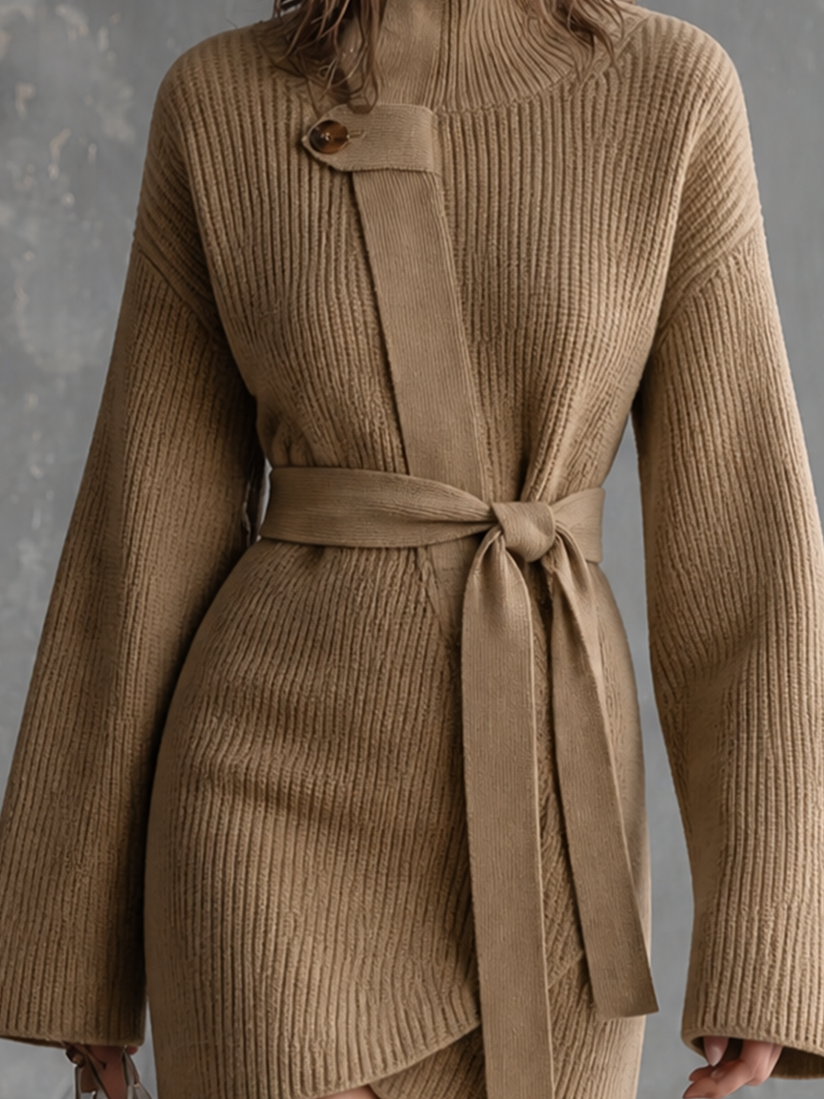 ElevenOra Chic Elegant Camel Turtleneck Wrap‑Front Belted Long-Sleeve Asymmetrical Hem Loose-Fit Ribbed Knit Mini Dress