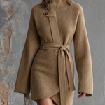 ElevenOra Chic Elegant Camel Turtleneck Wrap‑Front Belted Long-Sleeve Asymmetrical Hem Loose-Fit Ribbed Knit Mini Dress