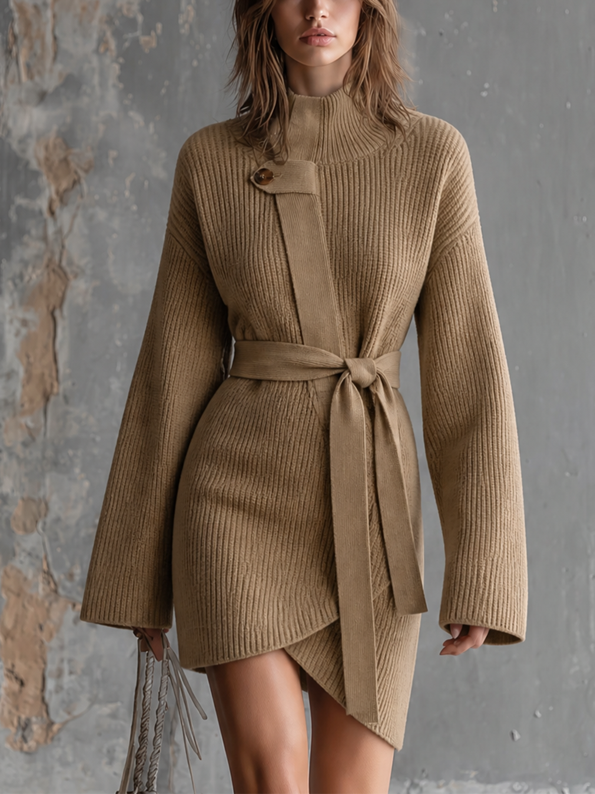 ElevenOra Chic Elegant Camel Turtleneck Wrap‑Front Belted Long-Sleeve Asymmetrical Hem Loose-Fit Ribbed Knit Mini Dress