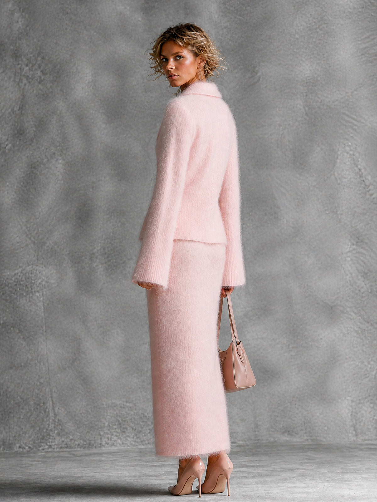 ElevenOra Chic Elegant Pink Shawl-Collar Long-Flare-Sleeve Single-Breasted Cardigan Straight Maxi Skirt Soft Warm Mohair Knit Two-Piece Set