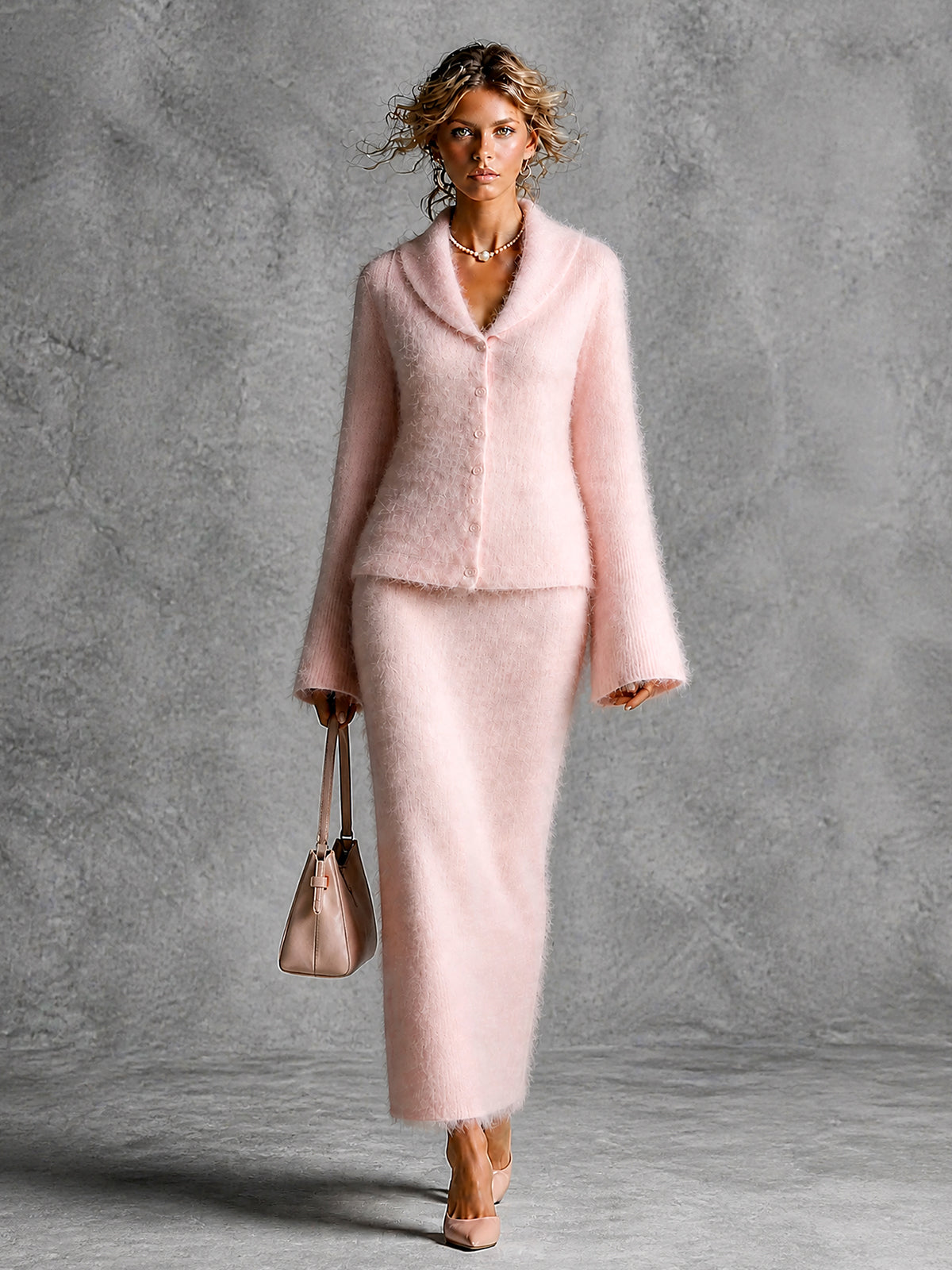 ElevenOra Chic Elegant Pink Shawl-Collar Long-Flare-Sleeve Single-Breasted Cardigan Straight Maxi Skirt Soft Warm Mohair Knit Two-Piece Set