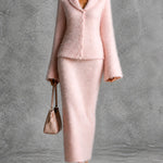 ElevenOra Chic Elegant Pink Shawl-Collar Long-Flare-Sleeve Single-Breasted Cardigan Straight Maxi Skirt Soft Warm Mohair Knit Two-Piece Set