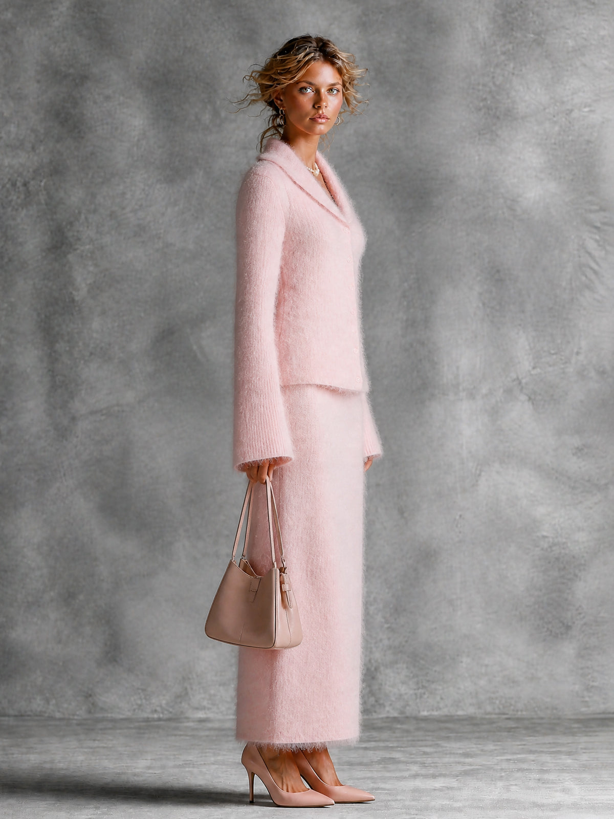 ElevenOra Chic Elegant Pink Shawl-Collar Long-Flare-Sleeve Single-Breasted Cardigan Straight Maxi Skirt Soft Warm Mohair Knit Two-Piece Set