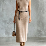 ElevenOra Chic Elegant Light Brown Boat-Neck Sleeveless Belted Slim-Fit Vest Straight Midi Skirt Soft Knit Two-Piece Set