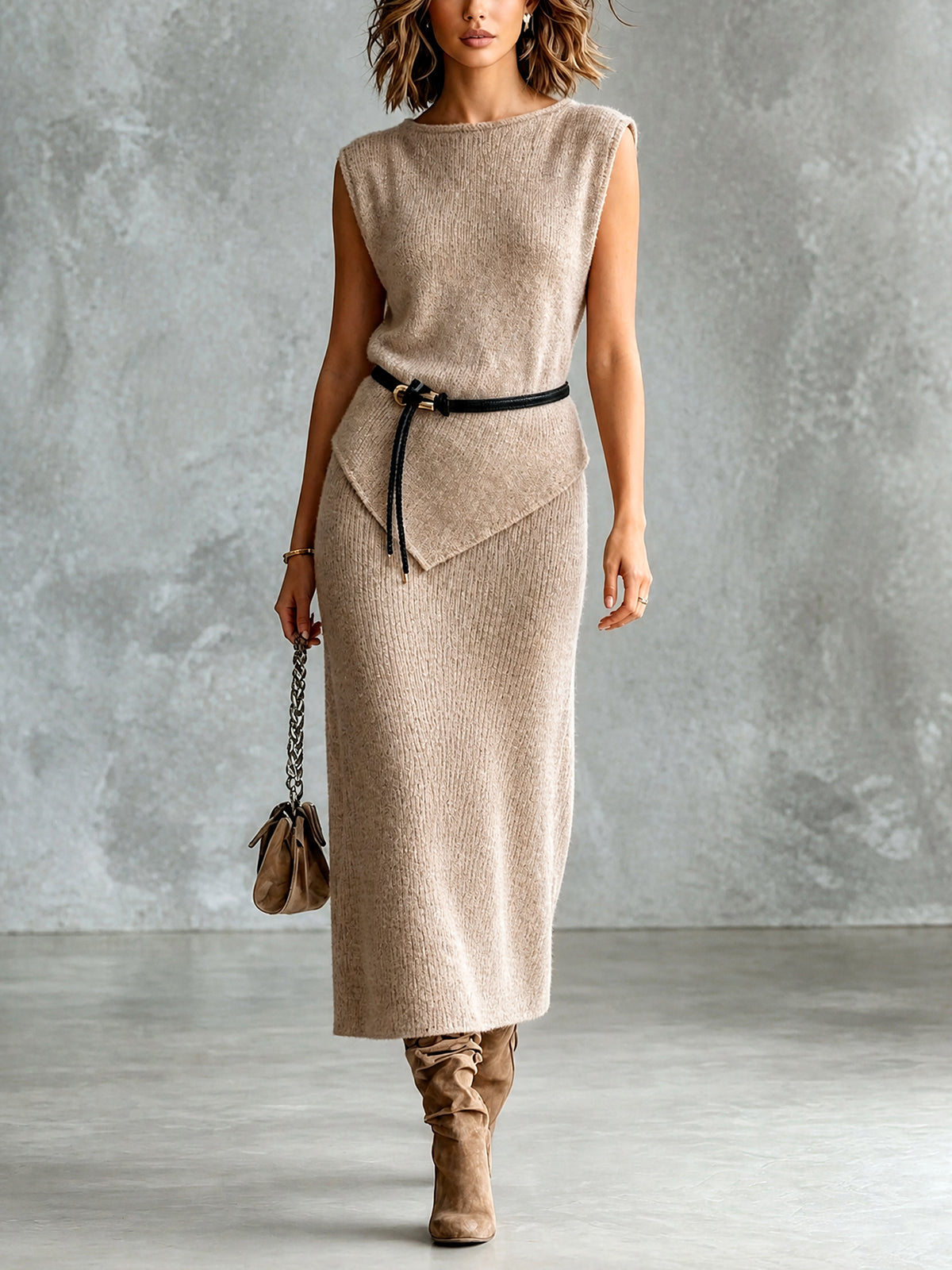 ElevenOra Chic Elegant Light Brown Boat-Neck Sleeveless Belted Slim-Fit Vest Straight Midi Skirt Soft Knit Two-Piece Set
