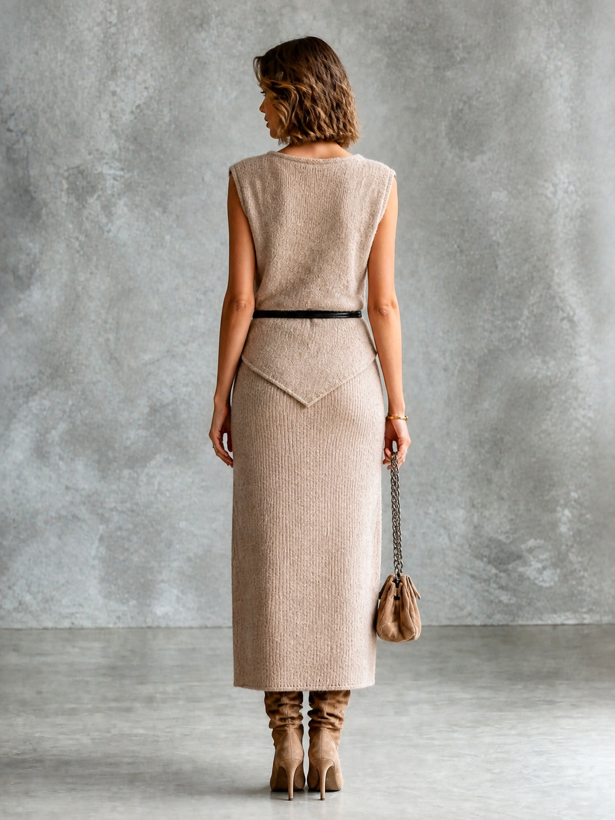 ElevenOra Chic Elegant Light Brown Boat-Neck Sleeveless Belted Slim-Fit Vest Straight Midi Skirt Soft Knit Two-Piece Set