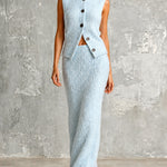 ElevenOra Chic Elegant Light Blue Round-Neck Sleeveless Single-Breasted Vest Elastic-Waist Straight Maxi Skirt Soft Ribbed Knit Two-Piece Set
