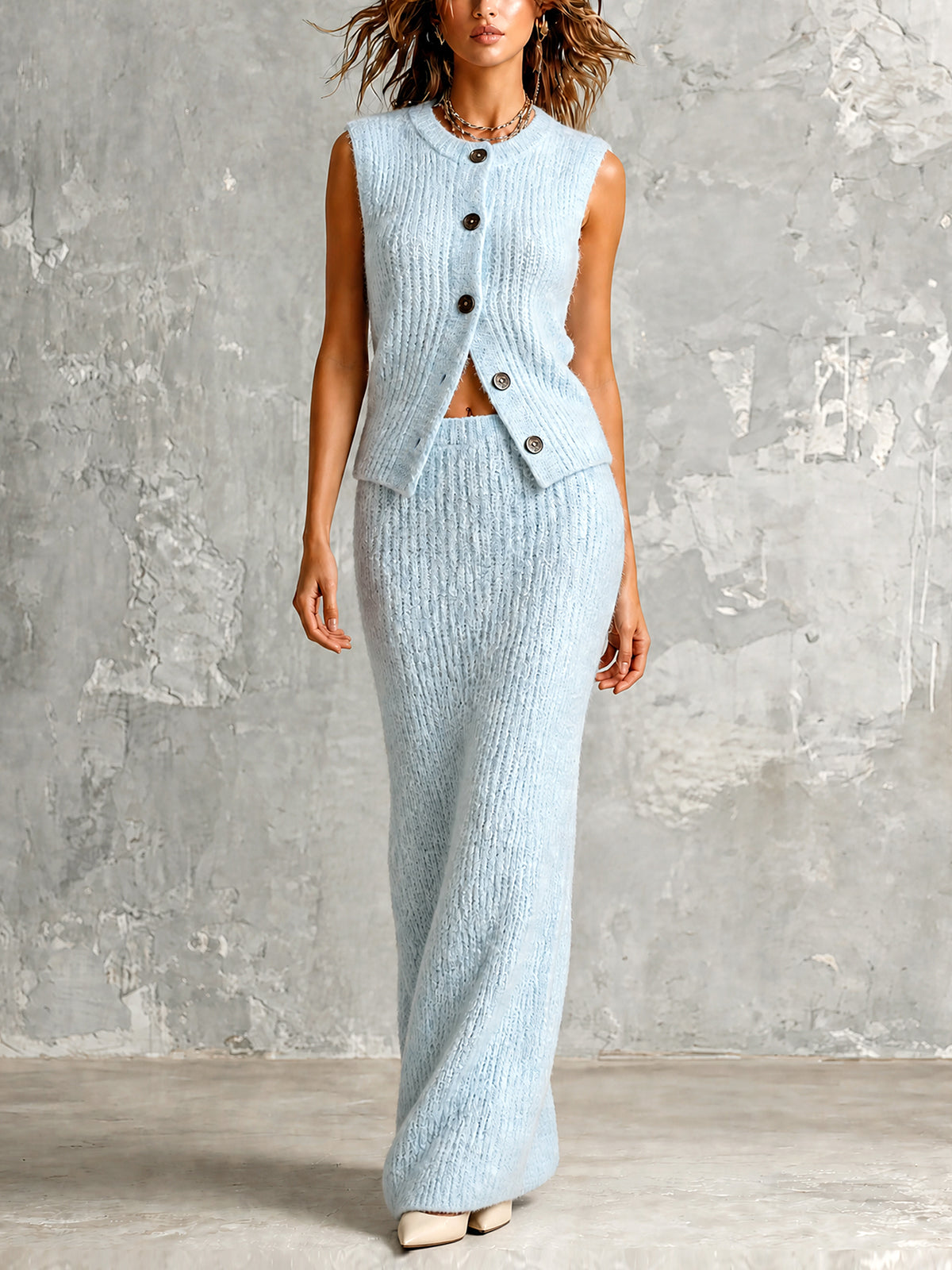 ElevenOra Chic Elegant Light Blue Round-Neck Sleeveless Single-Breasted Vest Elastic-Waist Straight Maxi Skirt Soft Ribbed Knit Two-Piece Set