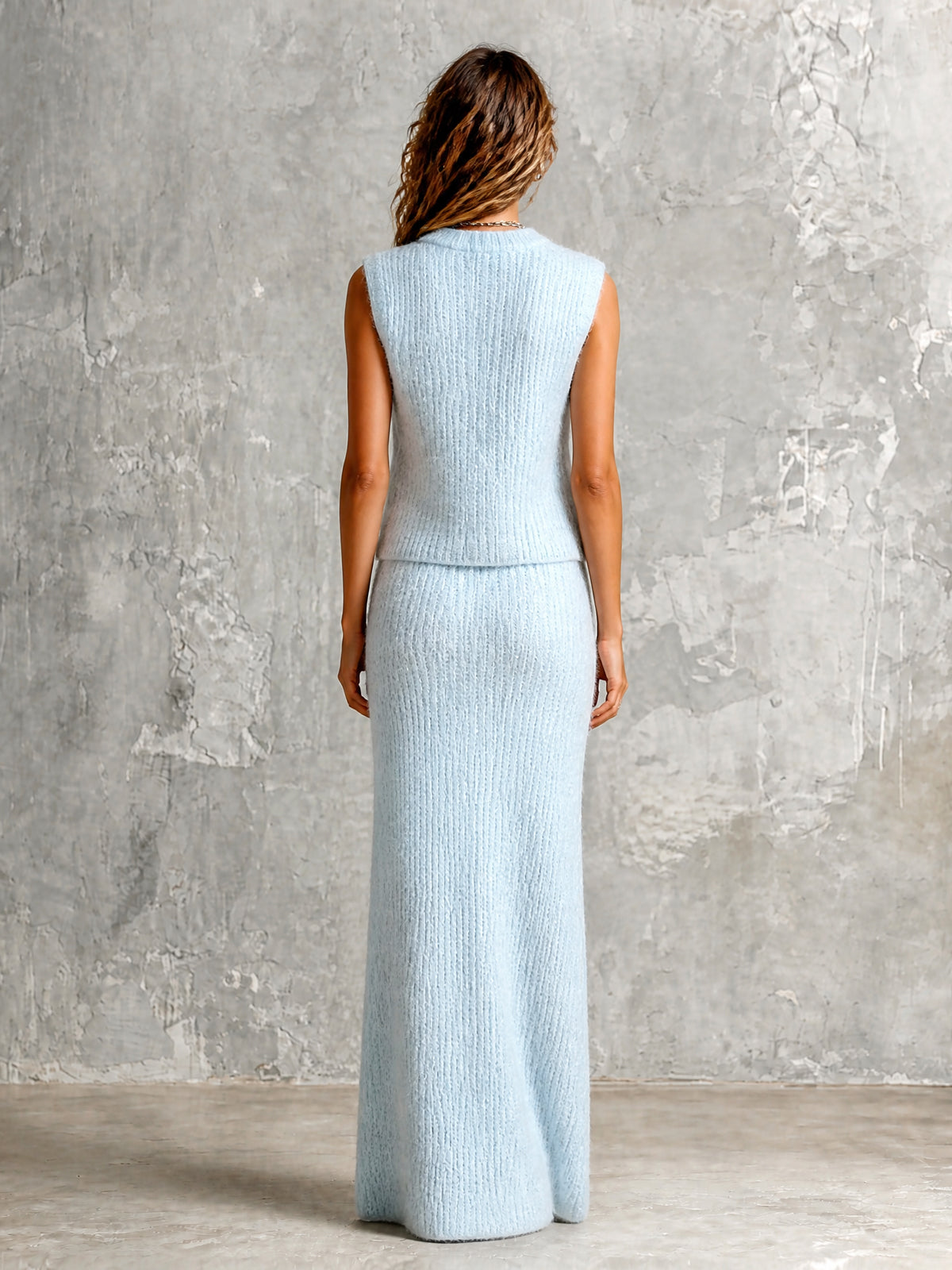 ElevenOra Chic Elegant Light Blue Round-Neck Sleeveless Single-Breasted Vest Elastic-Waist Straight Maxi Skirt Soft Ribbed Knit Two-Piece Set