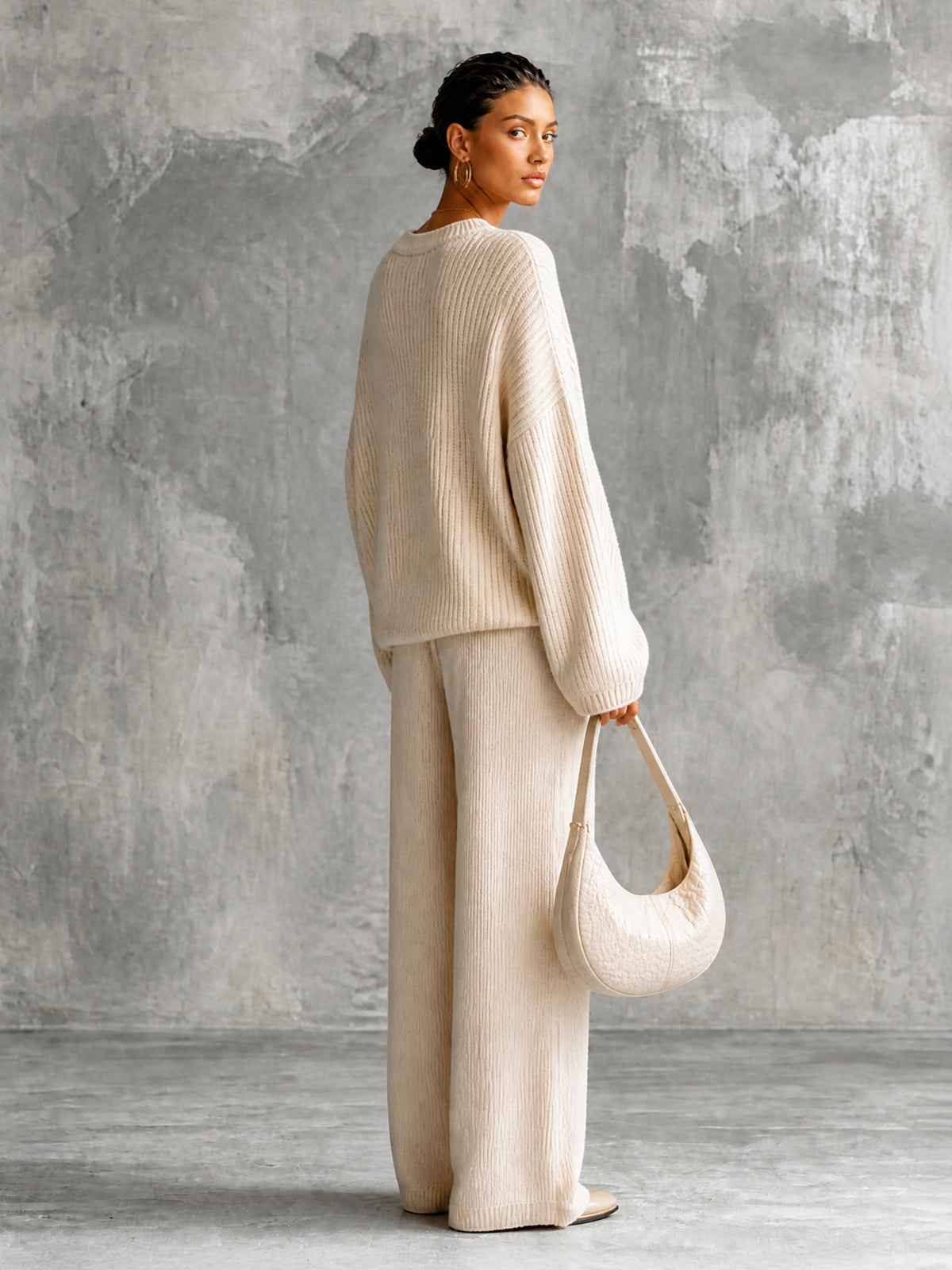 ElevenOra Chic Elegant Beige V-Neck Long-Sleeve Oversize Sweater Elastic-Waist Straight Pants Wool Cotton Blend Knit Two-Piece Set