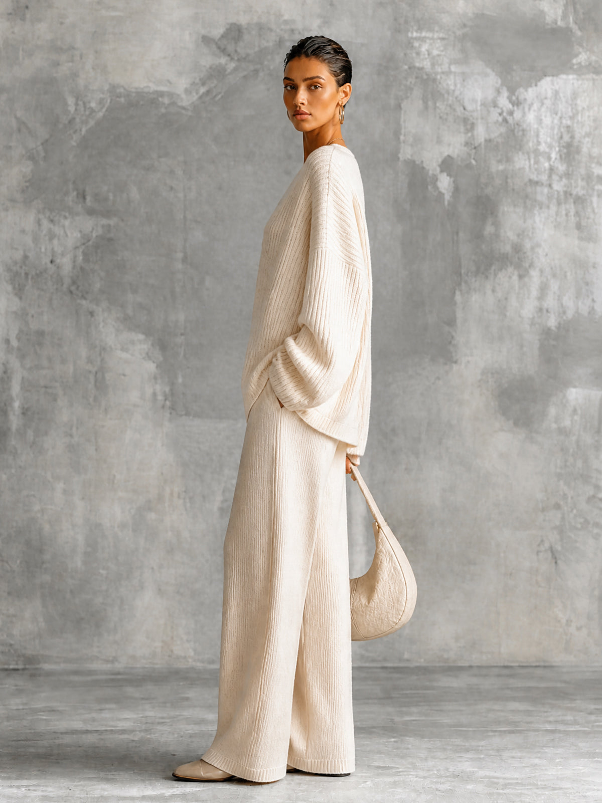 ElevenOra Chic Elegant Beige V-Neck Long-Sleeve Oversize Sweater Elastic-Waist Straight Pants Wool Cotton Blend Knit Two-Piece Set