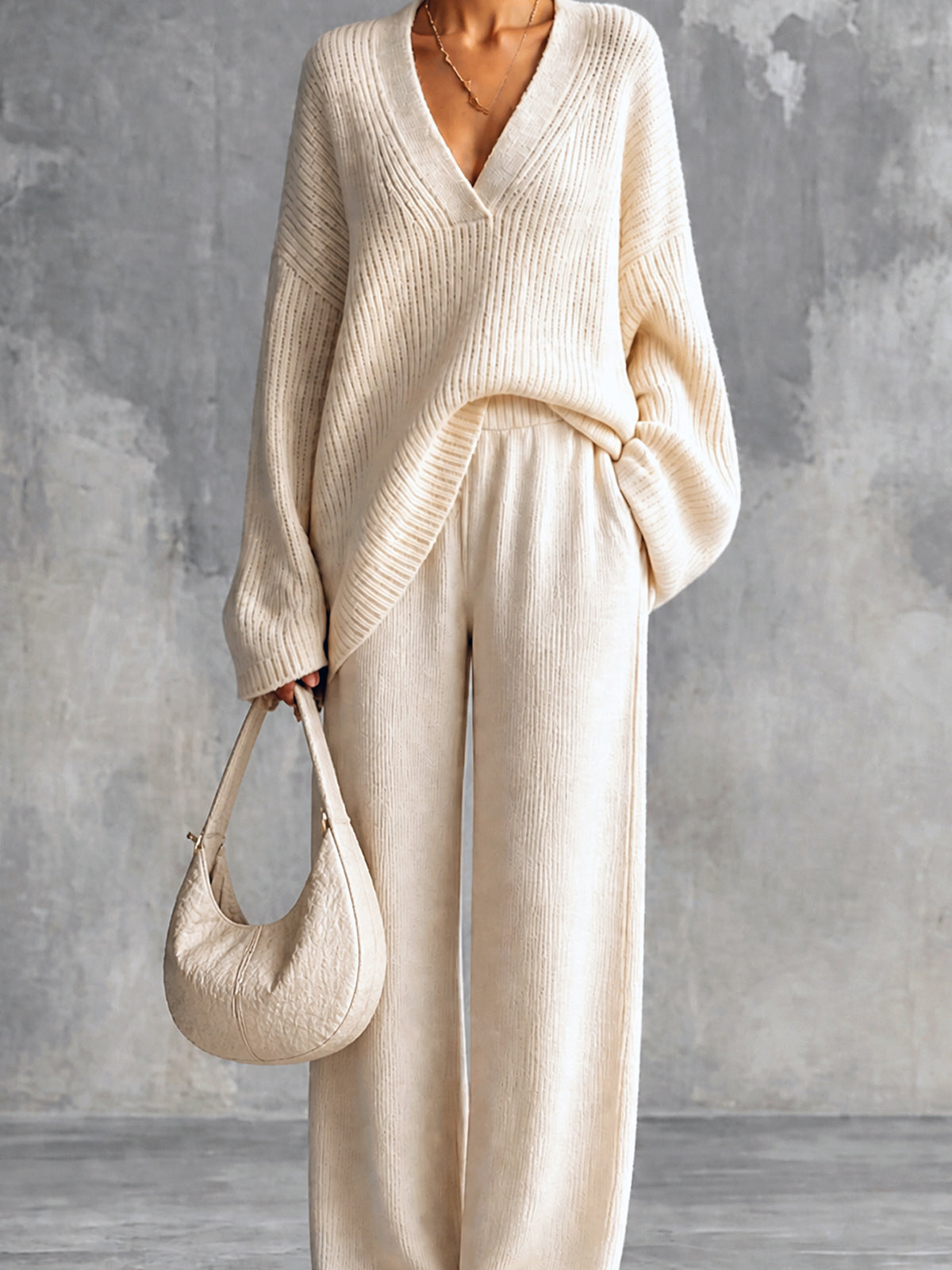 ElevenOra Chic Elegant Beige V-Neck Long-Sleeve Oversize Sweater Elastic-Waist Straight Pants Wool Cotton Blend Knit Two-Piece Set