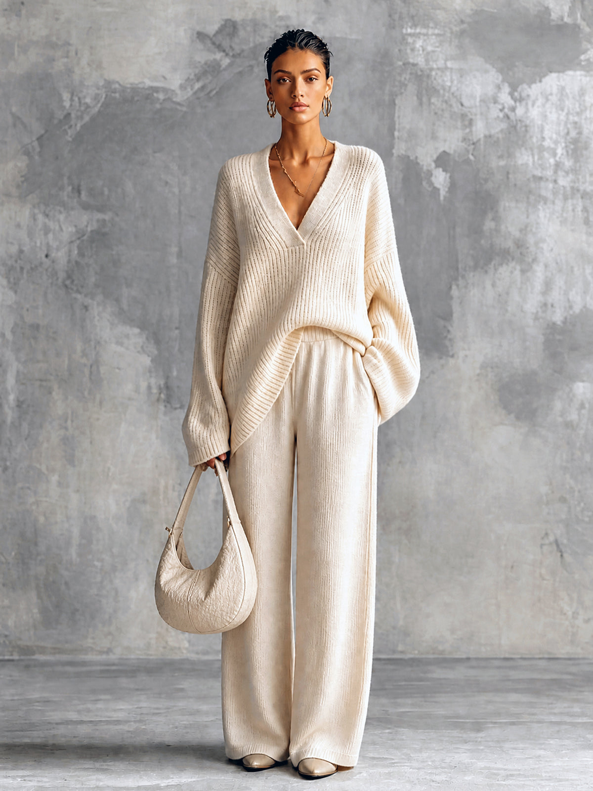 ElevenOra Chic Elegant Beige V-Neck Long-Sleeve Oversize Sweater Elastic-Waist Straight Pants Wool Cotton Blend Knit Two-Piece Set