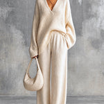ElevenOra Chic Elegant Beige V-Neck Long-Sleeve Oversize Sweater Elastic-Waist Straight Pants Wool Cotton Blend Knit Two-Piece Set