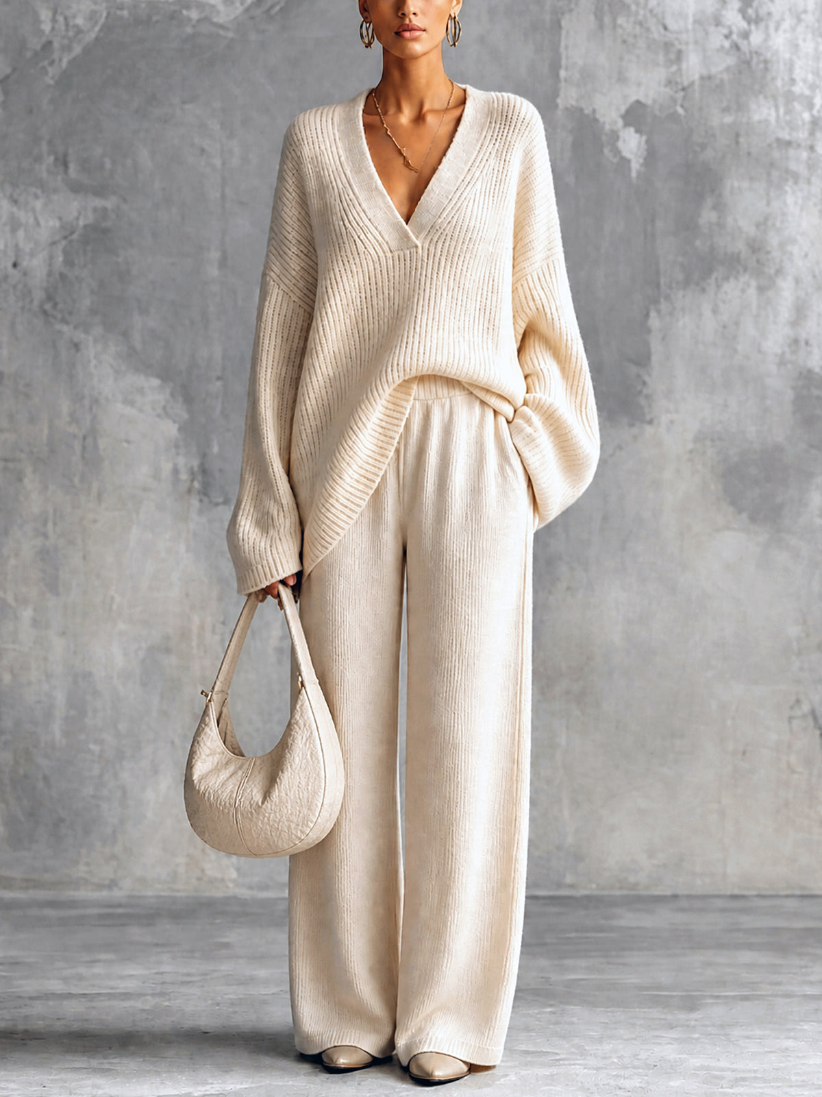 ElevenOra Chic Elegant Beige V-Neck Long-Sleeve Oversize Sweater Elastic-Waist Straight Pants Wool Cotton Blend Knit Two-Piece Set