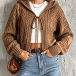 ElevenOra Chic Elegant Brown Hooded-Collar Long-Sleeve Open-Front Tie Detail Soft Cable-Knit Cropped Cardigan Top