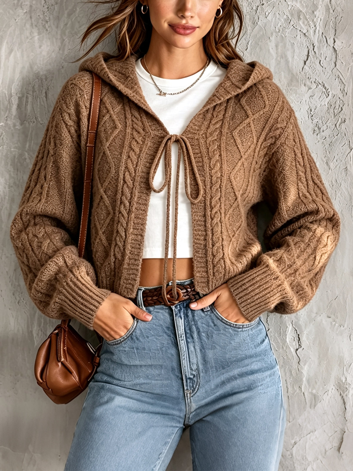 ElevenOra Chic Elegant Brown Hooded-Collar Long-Sleeve Open-Front Tie Detail Soft Cable-Knit Cropped Cardigan Top