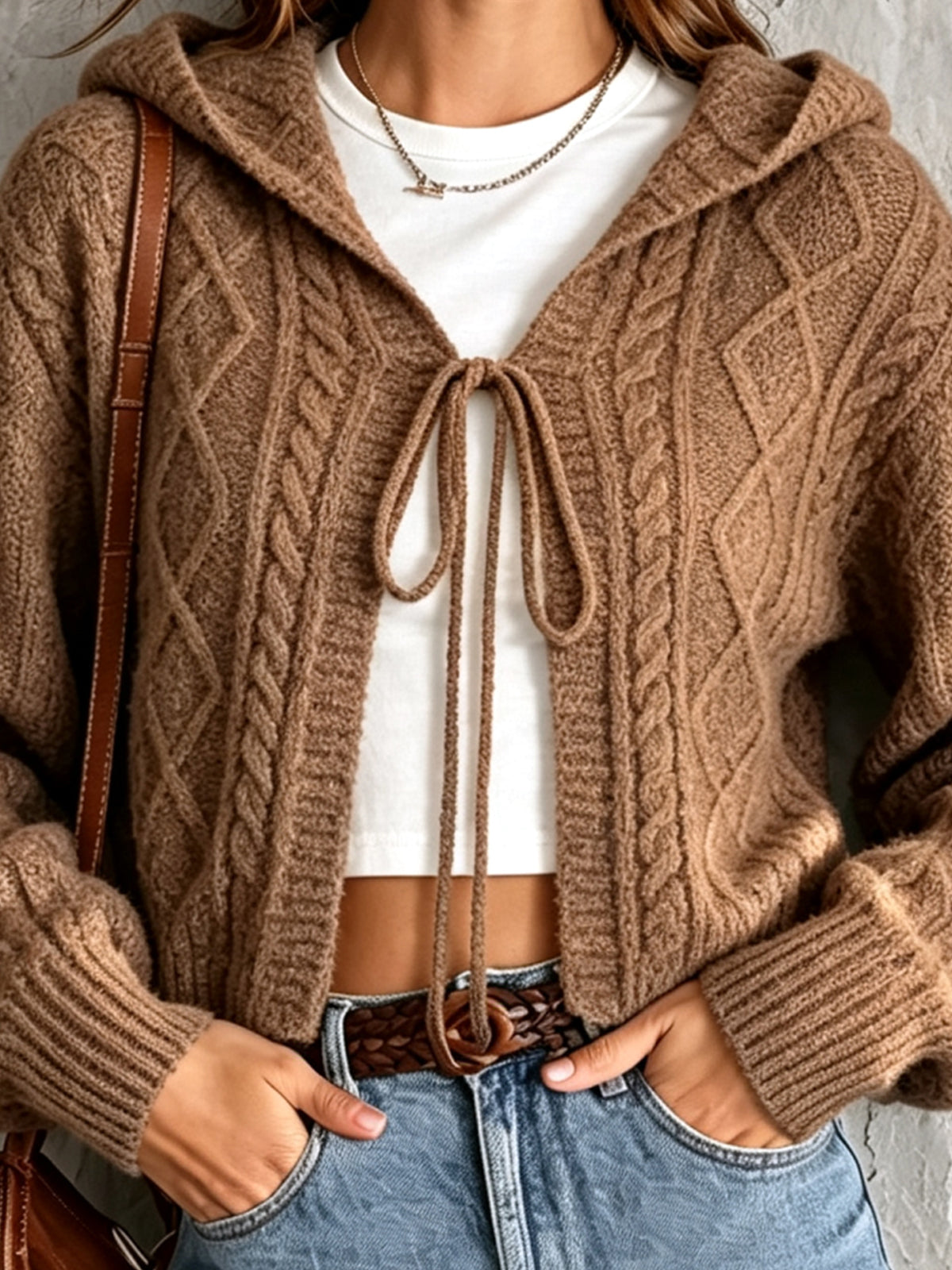 ElevenOra Chic Elegant Brown Hooded-Collar Long-Sleeve Open-Front Tie Detail Soft Cable-Knit Cropped Cardigan Top