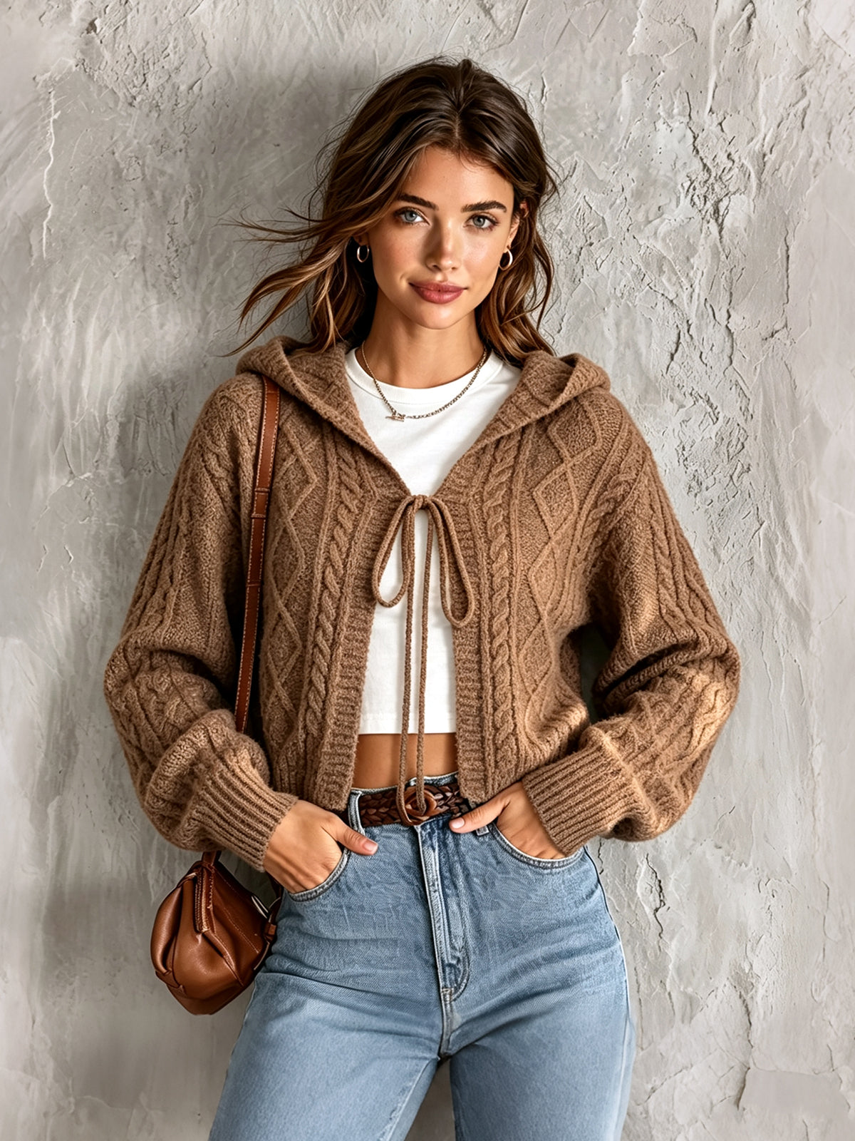 ElevenOra Chic Elegant Brown Hooded-Collar Long-Sleeve Open-Front Tie Detail Soft Cable-Knit Cropped Cardigan Top
