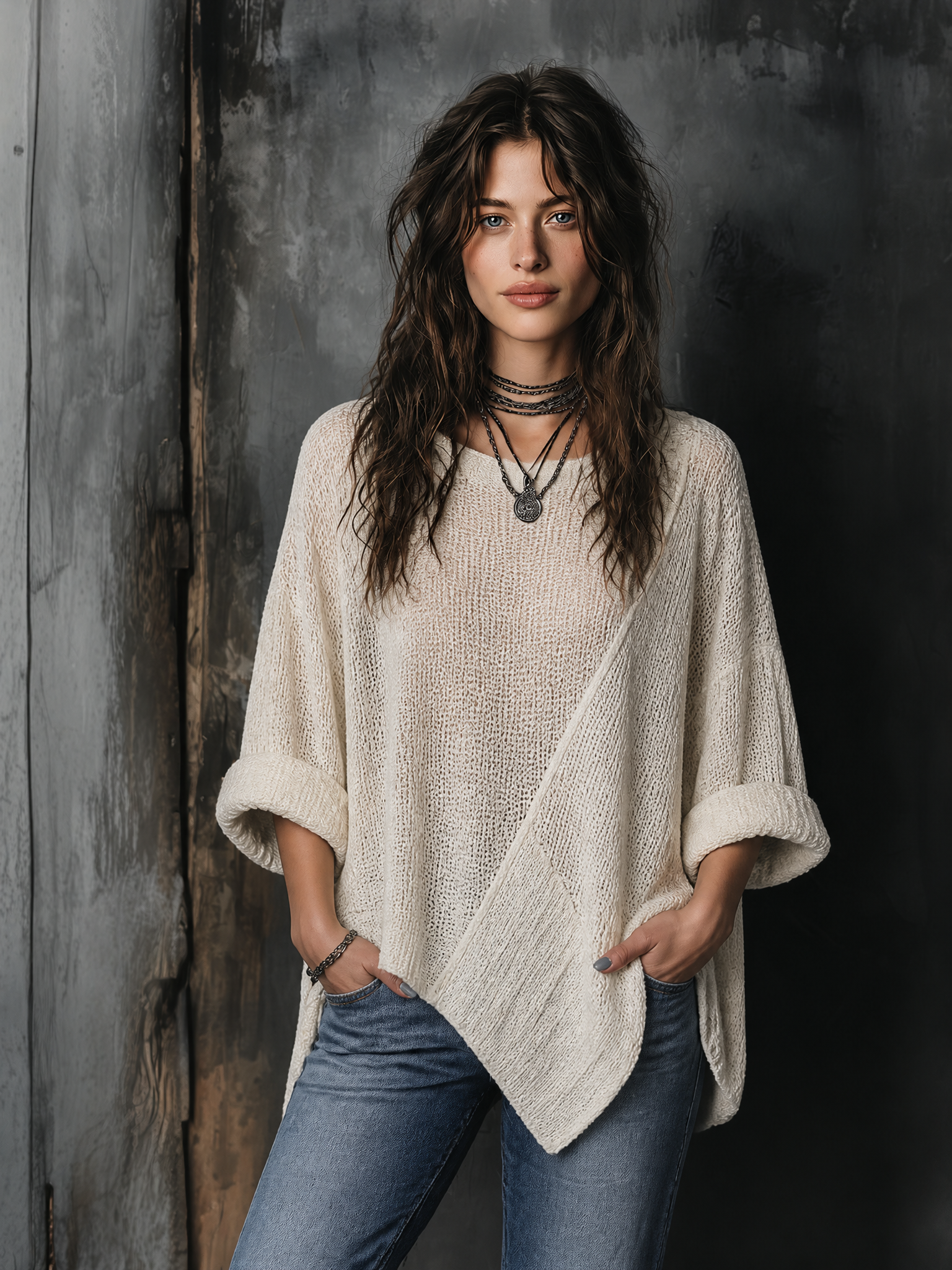 ElevenOra Chic Casual Off-White Round-Neck Dropped Shoulder Long Sleeves Asymmetric Hem Loose-Fit Knit Sweater Top
