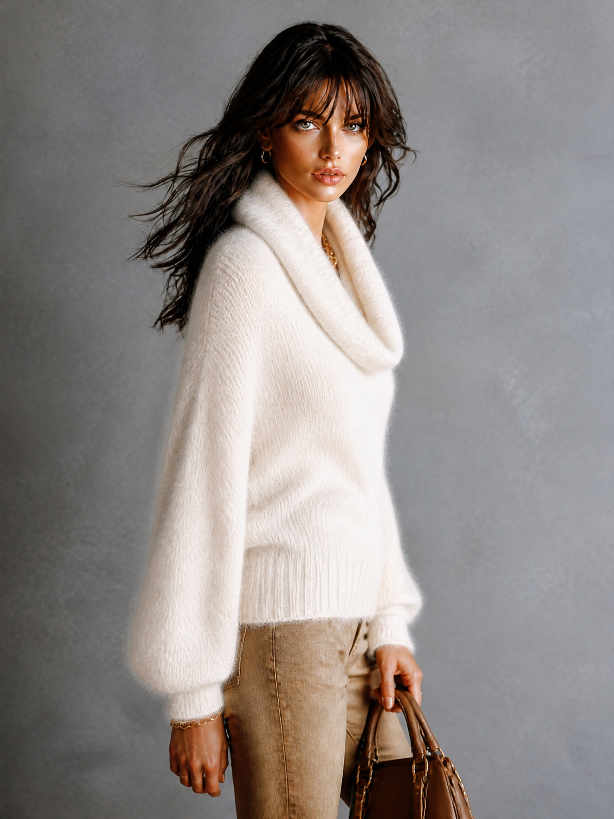 ElevenOra Chic Elegant Cream White Cowl-Neck Dropped Shoulder Long-Sleeve Loose-Fit Mohair Blend Soft Knit Sweater